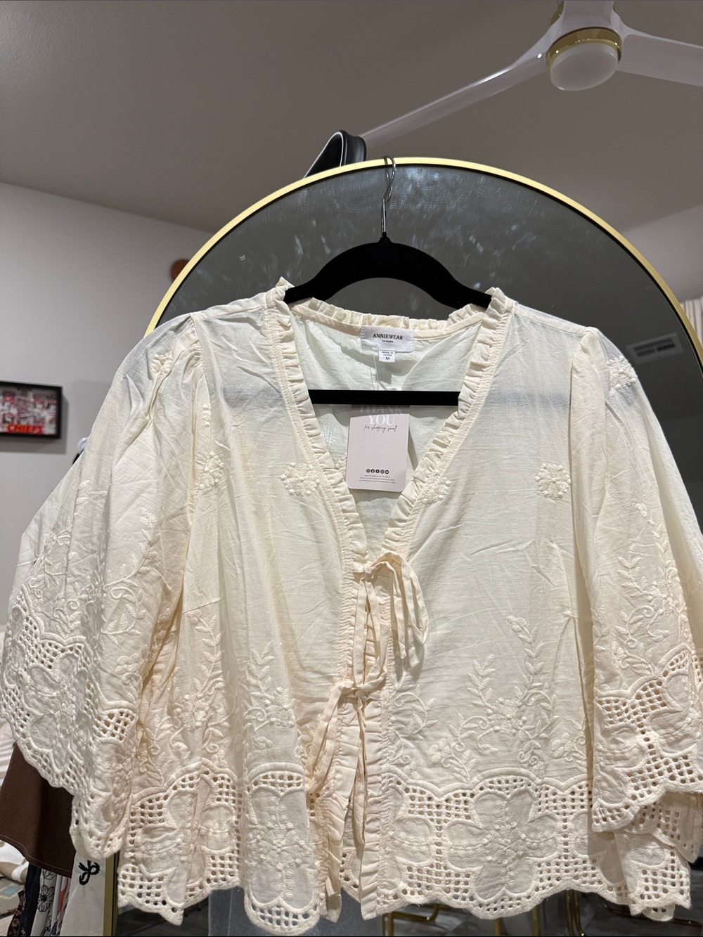 AnnieWear Cream Embroidered Tie-Front Women's Top